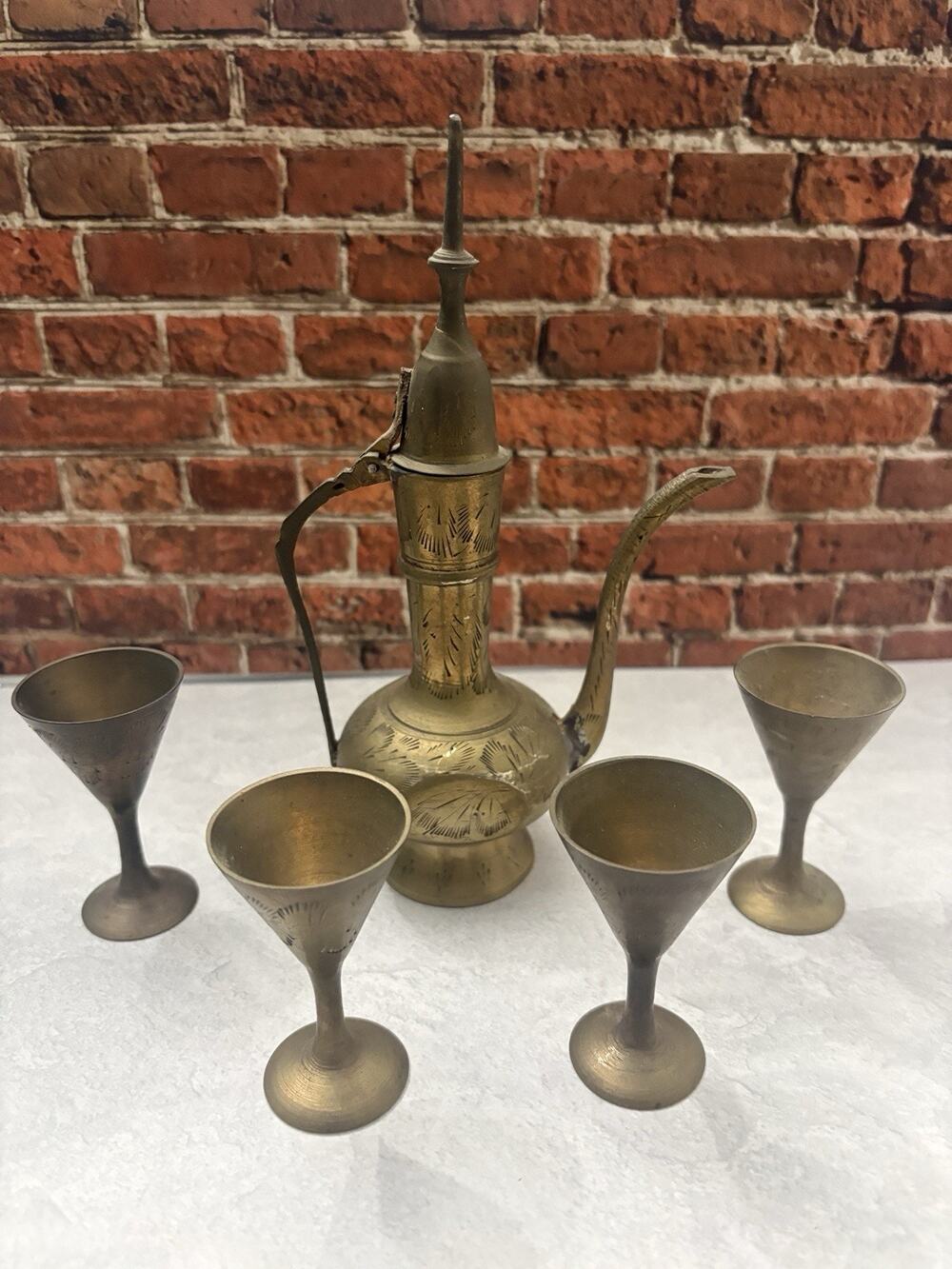 VINTAGE ETCHED BRASS TEA SET 5 PIECE WITH POT & CUPS